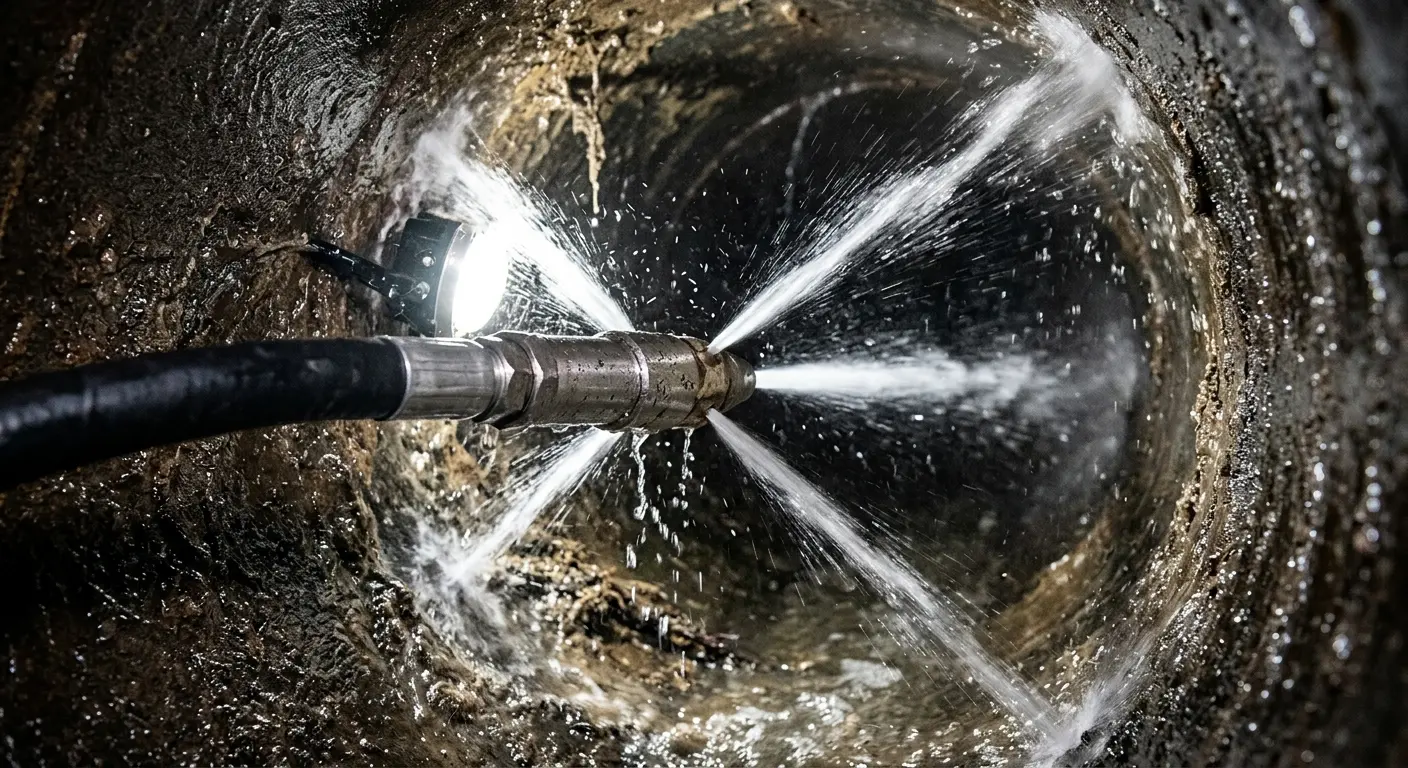 High-pressure hydro jetting nozzle cleaning sewer pipe for Emergency Drain Service in Bluffton