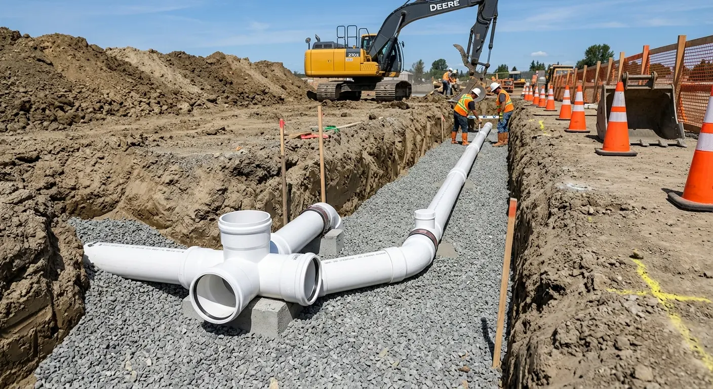 New PVC sewer pipe installation in open trench for Sewer Backup in Bluffton