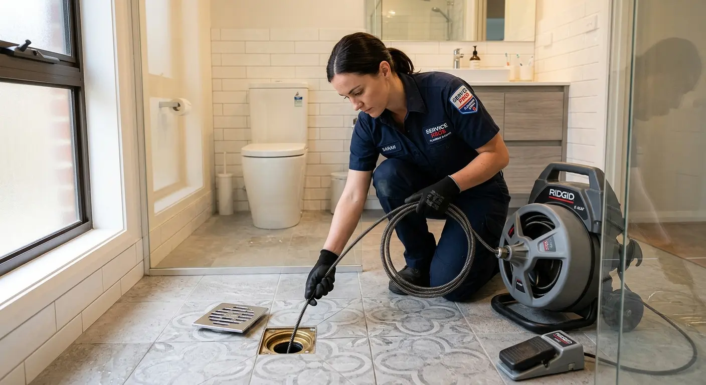 Technician clearing a bathroom floor drain for Sewer Line Replacement in Bluffton